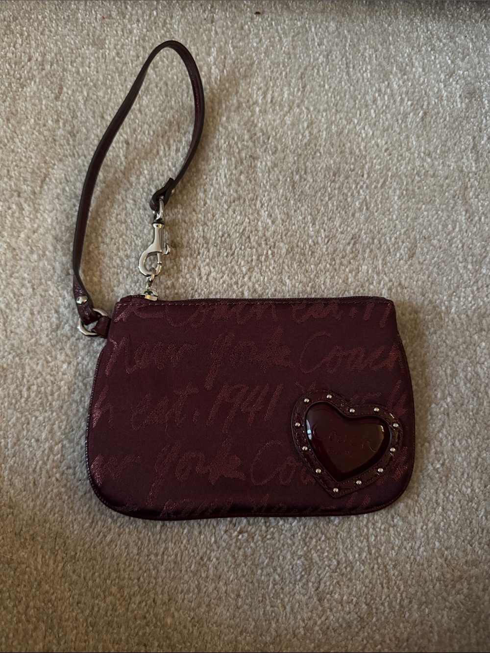 Coach Burgundy Wristlet with Heart Patch